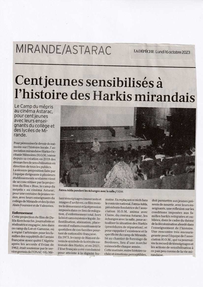 Ciné-débat "Bias" pour les jeunes HOM le 12.10.2023 @ Article LA DEPECHE GERS du 16.10.2023