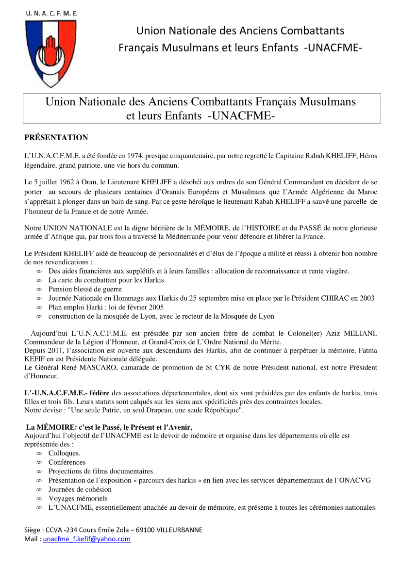 Document de présentation des buts de l'Union nationale des Anciens combattants Français musulmans et leurs enfants (UNACFME)