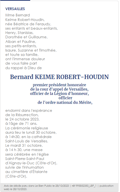 Avis de décès de Monsieur Bernard KEIME ROBERT-HOUDIN Avis de décès de Monsieur Bernard KEIME ROBERT-HOUDIN