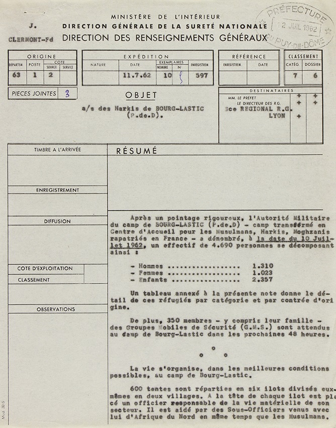 Illustration 5 : rapport des Renseignements généraux sur les Harkis de Bourg-Lastic, 11 juillet 1962 (Archives du Puy-de-Dôme, 414W) Illustration 5 : rapport des Renseignements généraux sur les Harkis de Bourg-Lastic, 11 juillet 1962 (Archives du Puy-de-Dôme, 414W)