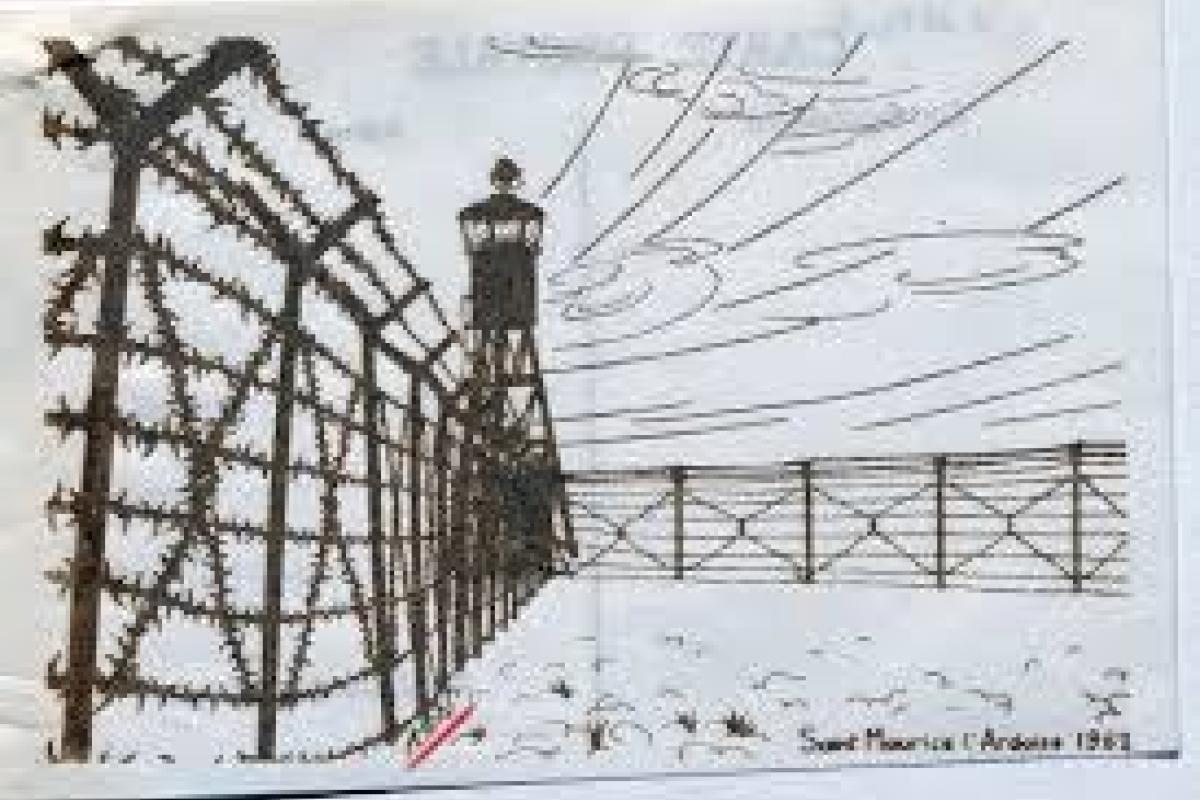 Dessin crayonné de l'enceinte du camp de Saint-Maurice-l'Ardoise, vu de la clôture barbelée et d'un mirador  (1962) @Adel Haraka/source Abdelhamid TOUALBIA