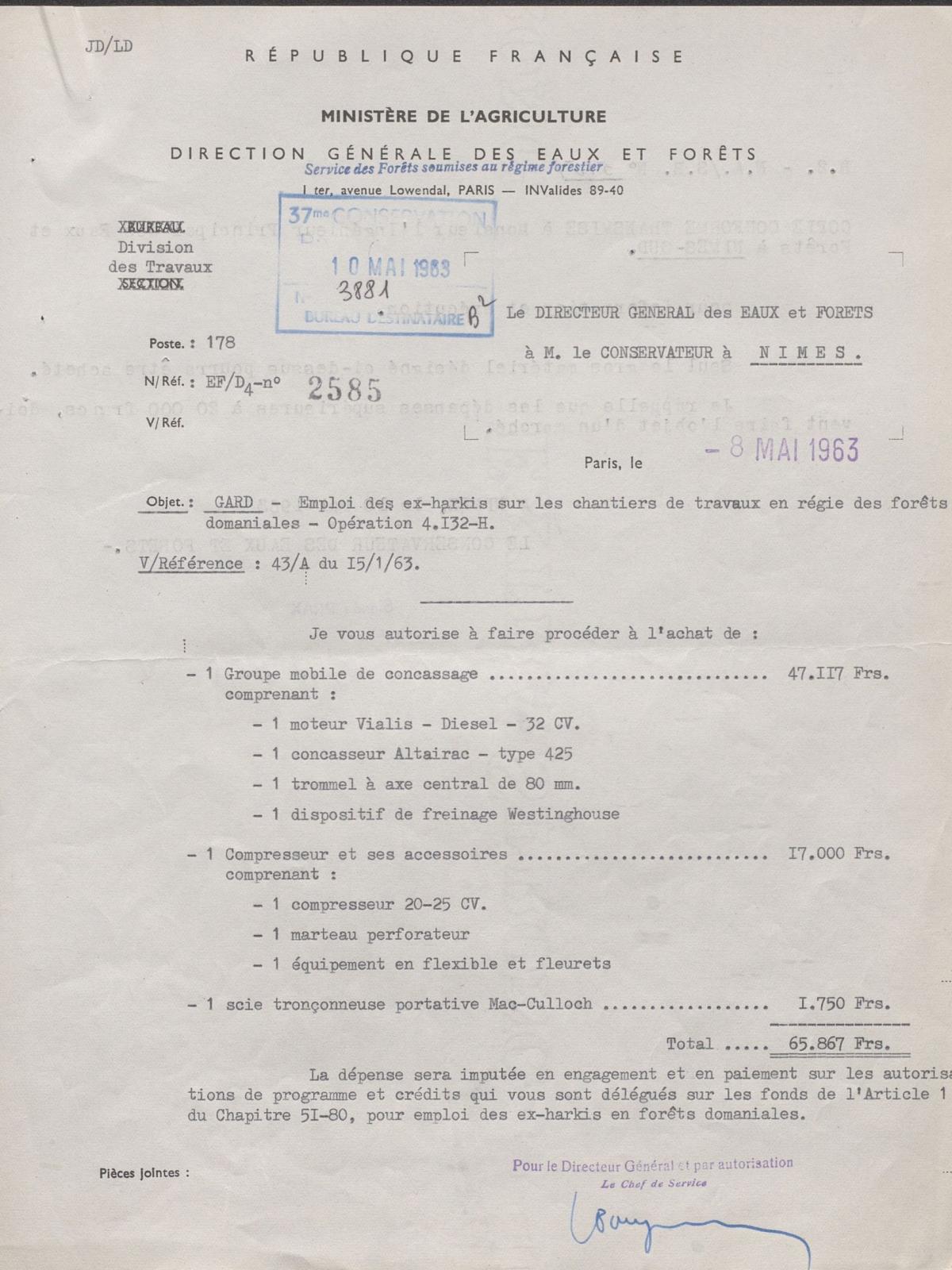 Illustration 13 : Emploi des ex-harkis sur les chantiers de travaux en régie des forêts domaniales, 8 mai 1963 (Archives du Gard 7W387)
