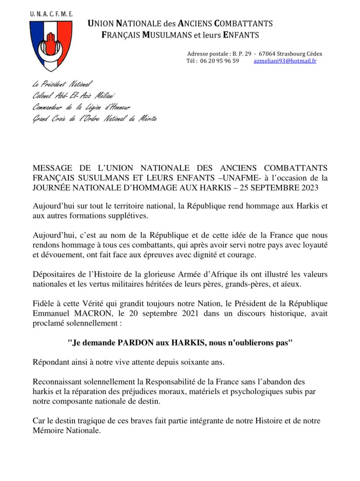 Message du Président de l'UNACFME pour la journée nationale d'hommage aux Harkis 2023 Message du Président de l'UNACFME pour la journée nationale d'hommage aux Harkis 2023