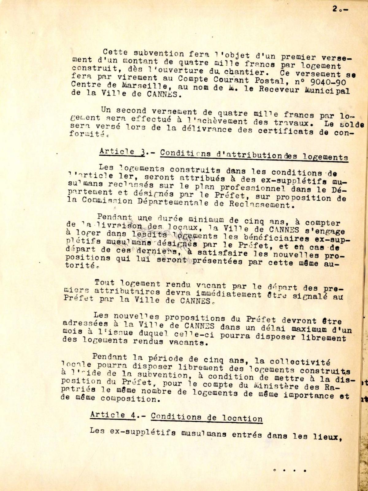 Illustration 5 : cité des Mimosas à Cannes, convention signée entre le ministère des Rapatriés et le député-maire de Cannes, 25 mai 1964 (Archives de Cannes, 235W1) Illustration 5 : cité des Mimosas à Cannes, convention signée entre le ministère des Rapatriés et le député-maire de Cannes, 25 mai 1964 (Archives de Cannes, 235W1)