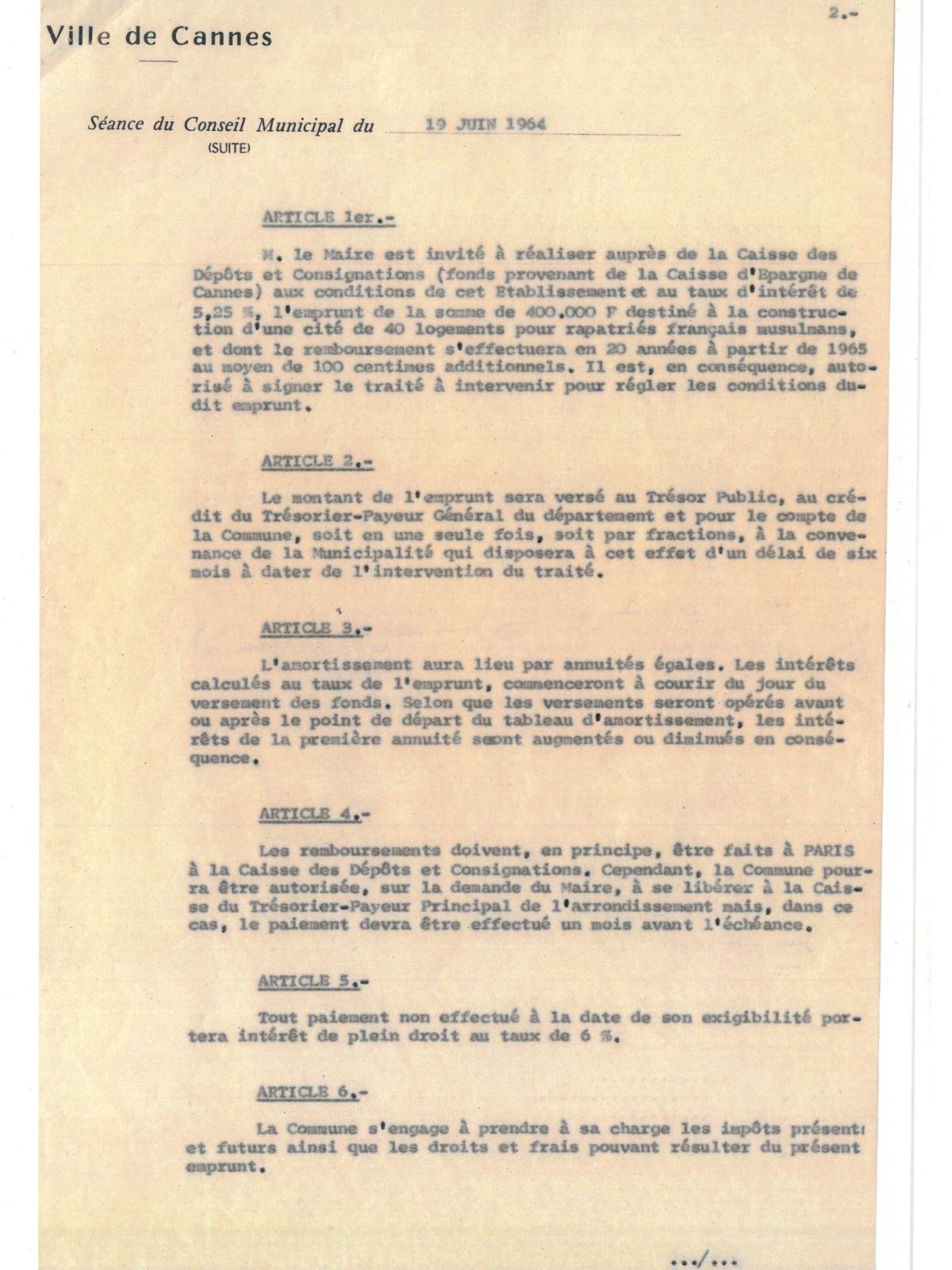 Illustrations 10, p. 2 : accueil des Harkis à Cannes, délibérations du conseil municipal, séance du 19 juin 1964 (Archives de Cannes, 22W238) Illustrations 10, p. 2 : accueil des Harkis à Cannes, délibérations du conseil municipal, séance du 19 juin 1964 (Archives de Cannes, 22W238)