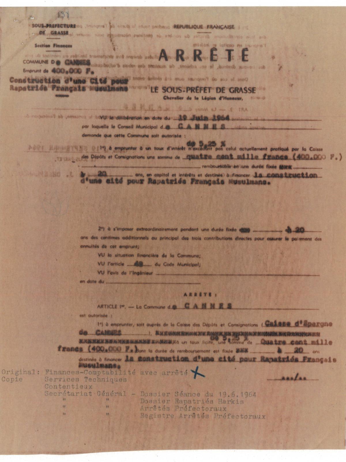 Illustrations 11, p. 2 : accueil des Harkis à Cannes, délibérations du conseil municipal, séance du 19 juin 1964 (Archives de Cannes, 22W238) Illustrations 11, p. 2 : accueil des Harkis à Cannes, délibérations du conseil municipal, séance du 19 juin 1964 (Archives de Cannes, 22W238)