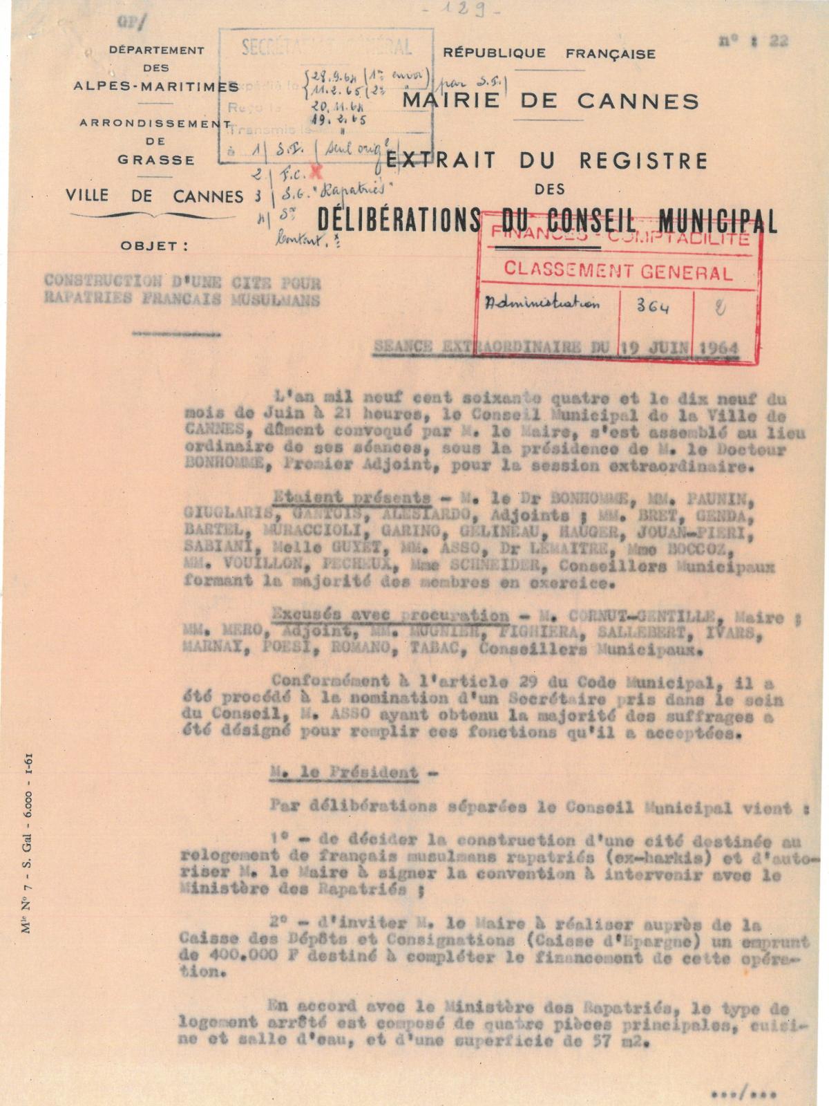 Illustration 13, p. 1 : accueil des Harkis à Cannes, délibérations du conseil municipal, séance du 19 juin 1964 (Archives de Cannes, 22W238) Illustration 13, p. 1 : accueil des Harkis à Cannes, délibérations du conseil municipal, séance du 19 juin 1964 (Archives de Cannes, 22W238)