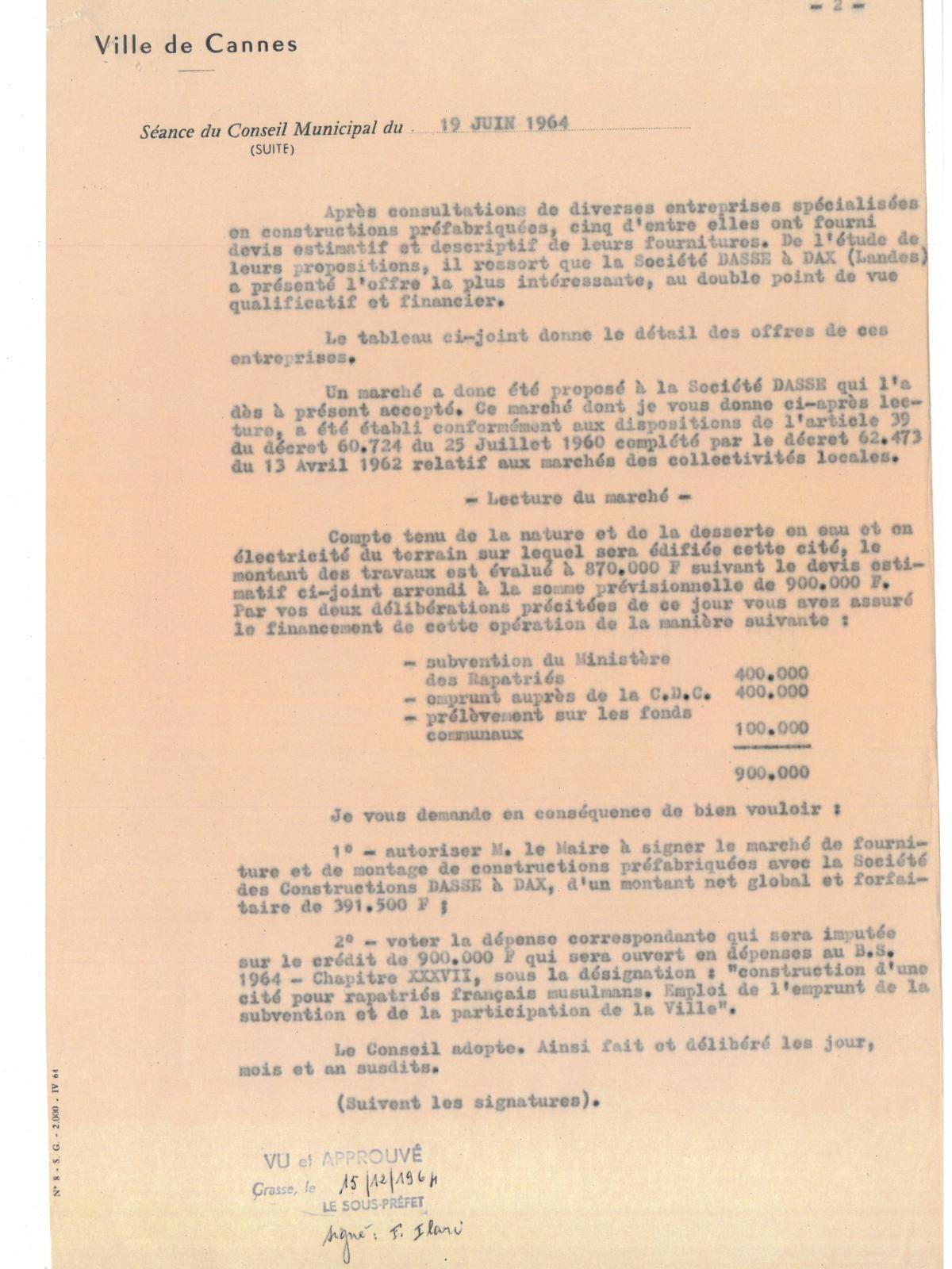 Illustration 13, p. 2 : accueil des Harkis à Cannes, délibérations du conseil municipal, séance du 19 juin 1964 (Archives de Cannes, 22W238) Illustration 13, p. 2 : accueil des Harkis à Cannes, délibérations du conseil municipal, séance du 19 juin 1964 (Archives de Cannes, 22W238)