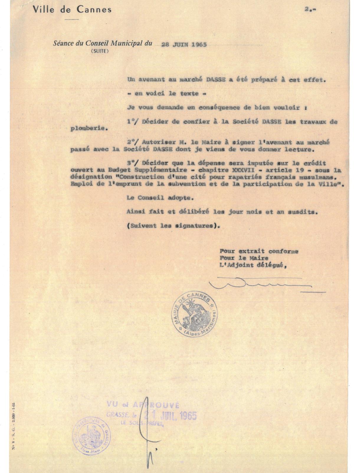 Illustration 16, p. 2 : accueil des Harkis à Cannes, délibérations du conseil municipal, séance extraordinaire du 28 juin 1965 (Archives de Cannes, 22W238) Illustration 16, p. 2 : accueil des Harkis à Cannes, délibérations du conseil municipal, séance extraordinaire du 28 juin 1965 (Archives de Cannes, 22W238)