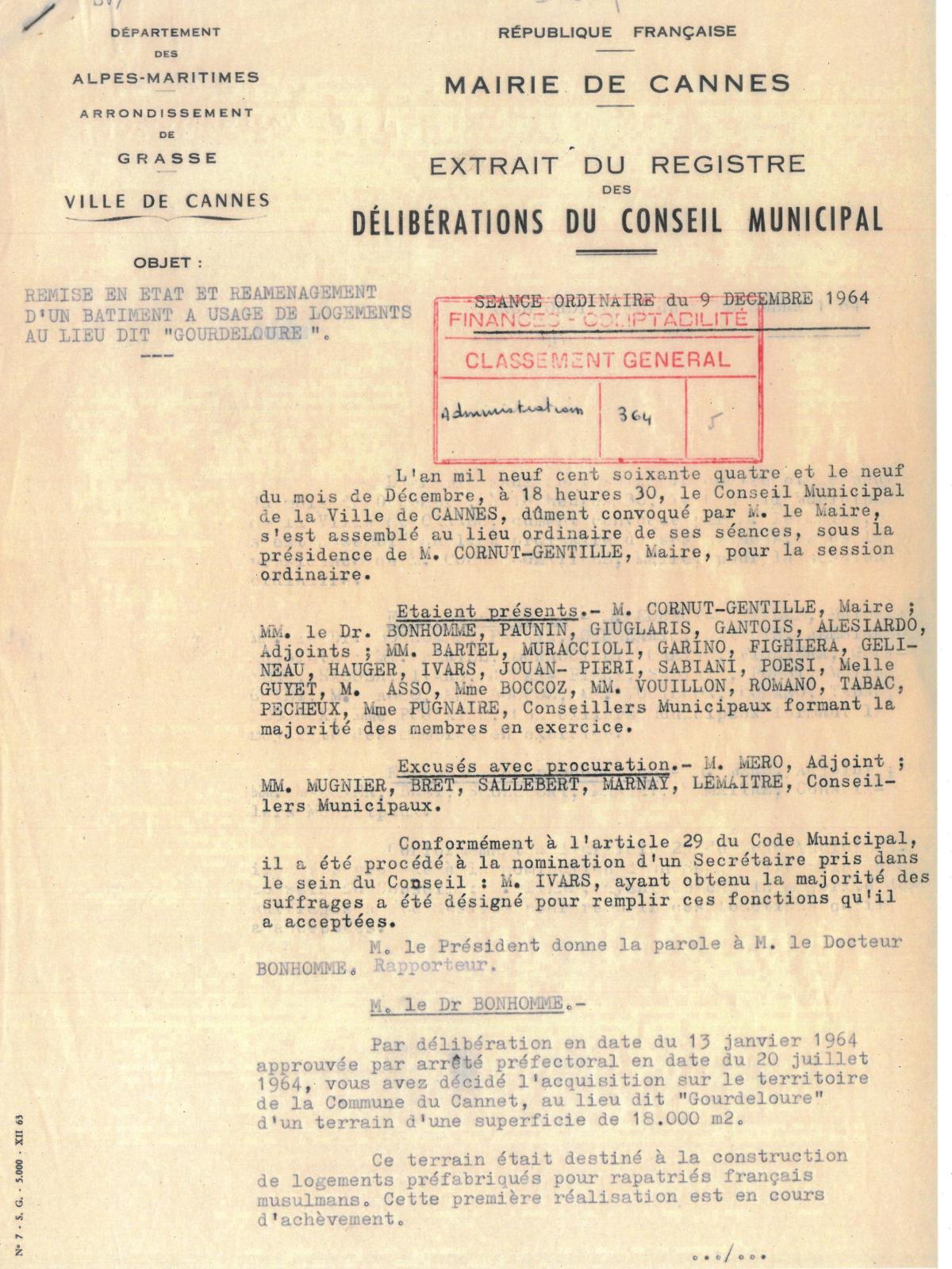 Illustration 7, p. 1 : accueil des Harkis à Cannes, délibérations du conseil municipal, séance du 9 décembre 1964 (Archives de Cannes, 22W238) Illustration 7, p. 1 : accueil des Harkis à Cannes, délibérations du conseil municipal, séance du 9 décembre 1964 (Archives de Cannes, 22W238)