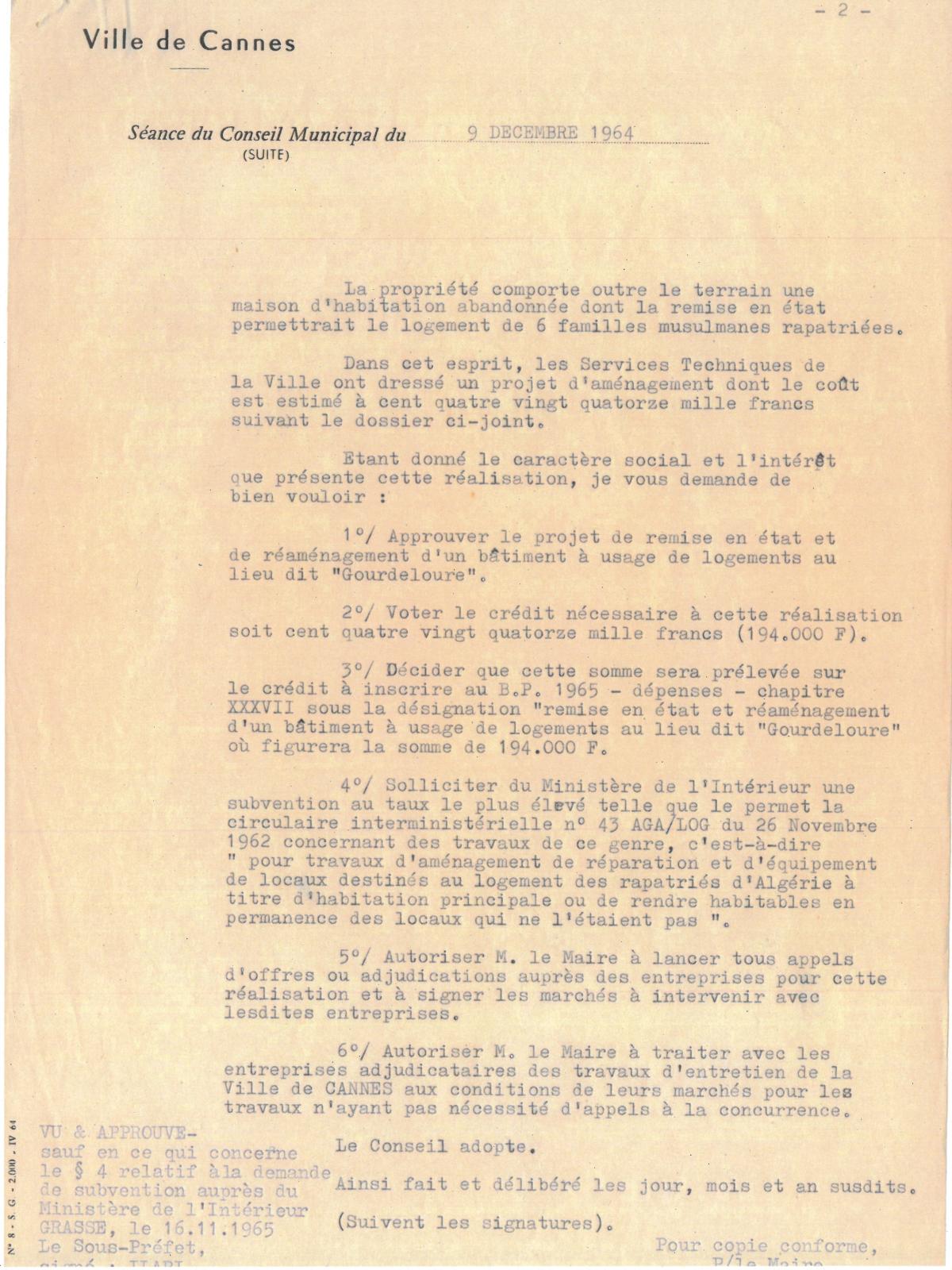 Illustration 7, p. 2 : accueil des Harkis à Cannes, délibérations du conseil municipal, séance du 9 décembre 1964 (Archives de Cannes, 22W238) Illustration 7, p. 2 : accueil des Harkis à Cannes, délibérations du conseil municipal, séance du 9 décembre 1964 (Archives de Cannes, 22W238)
