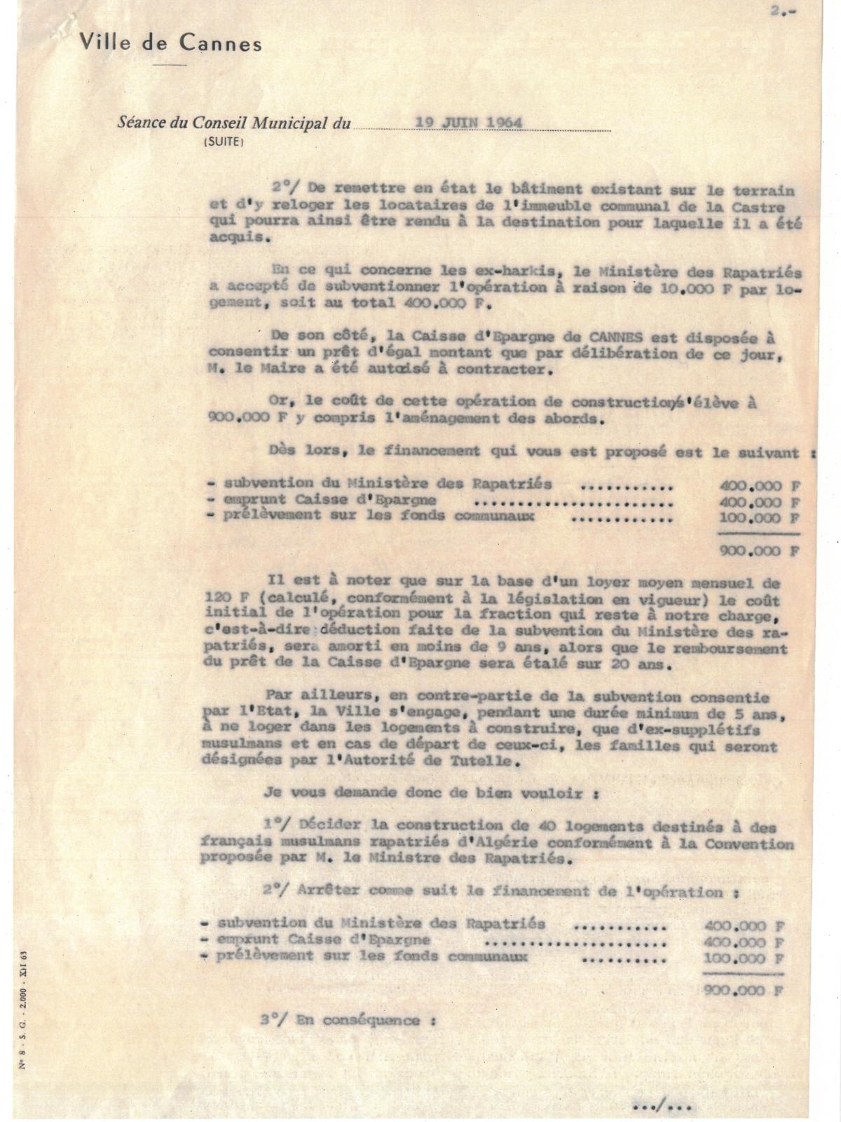 Illustration 8, p. 2 : accueil des Harkis à Cannes, délibérations du conseil municipal, séance extraordinaire du 19 juin 1964 (Archives de Cannes, 22W238) Illustration 8, p. 2 : accueil des Harkis à Cannes, délibérations du conseil municipal, séance extraordinaire du 19 juin 1964 (Archives de Cannes, 22W238)