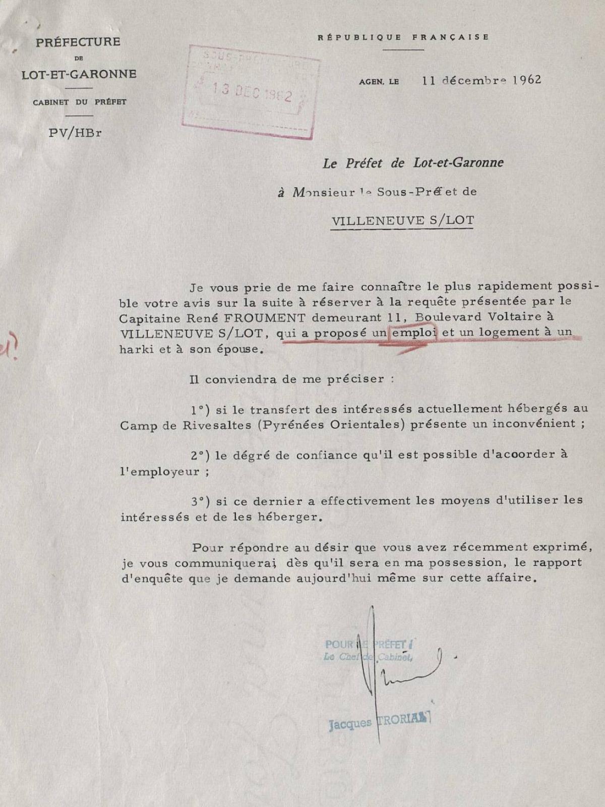 Illustration 11 : demande de renseignements du préfet du Lot-et-Garonne sur le capitaine Froument, 11 décembre 1962 Illustration 11 : demande de renseignements du préfet du Lot-et-Garonne sur le capitaine Froument, 11 décembre 1962