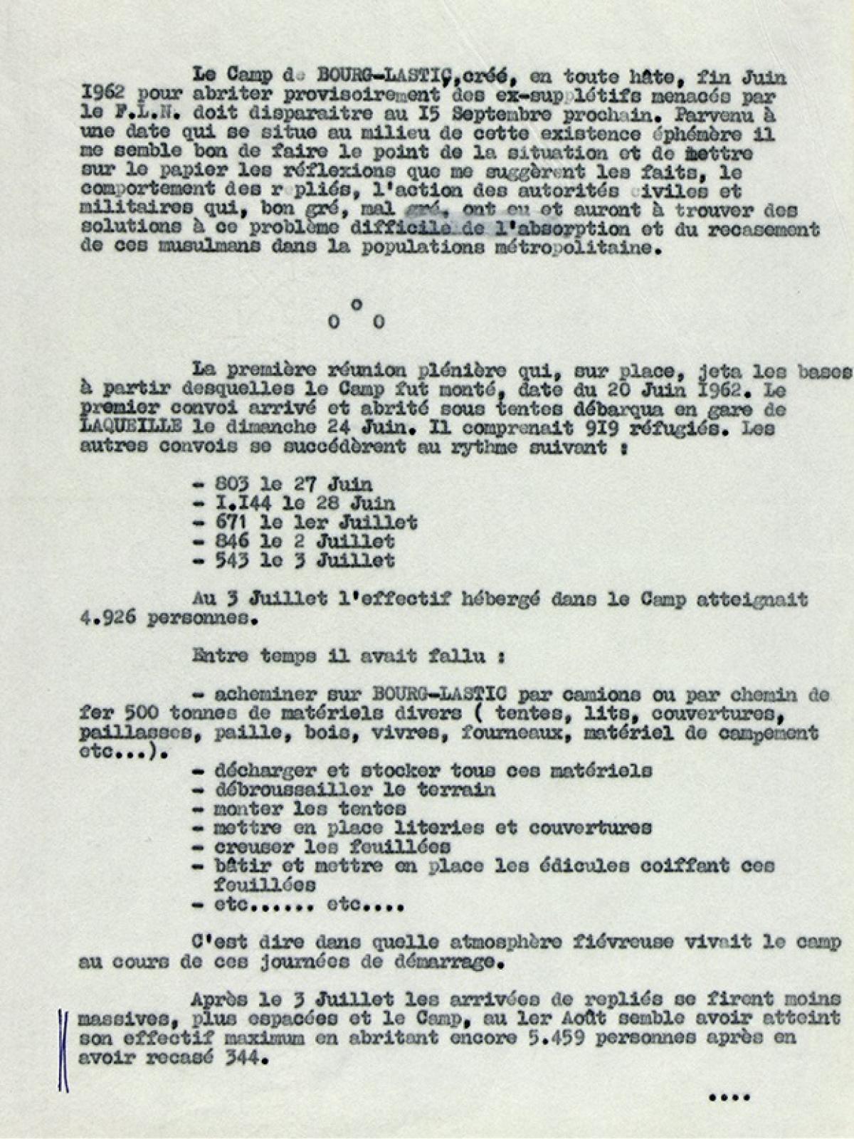 Illustration 1 : les repliés musulmans du camp de Bourg-Lastic au 1er août 1962, rapport du chef de bataillon Ropars, commandant le camp de Bourg-Lastic, 6 août 1962 (Archives du Puy-de-Dôme, 414W) Illustration 1 : les repliés musulmans du camp de Bourg-Lastic au 1er août 1962, rapport du chef de bataillon Ropars, commandant le camp de Bourg-Lastic, 6 août 1962 (Archives du Puy-de-Dôme, 414W)