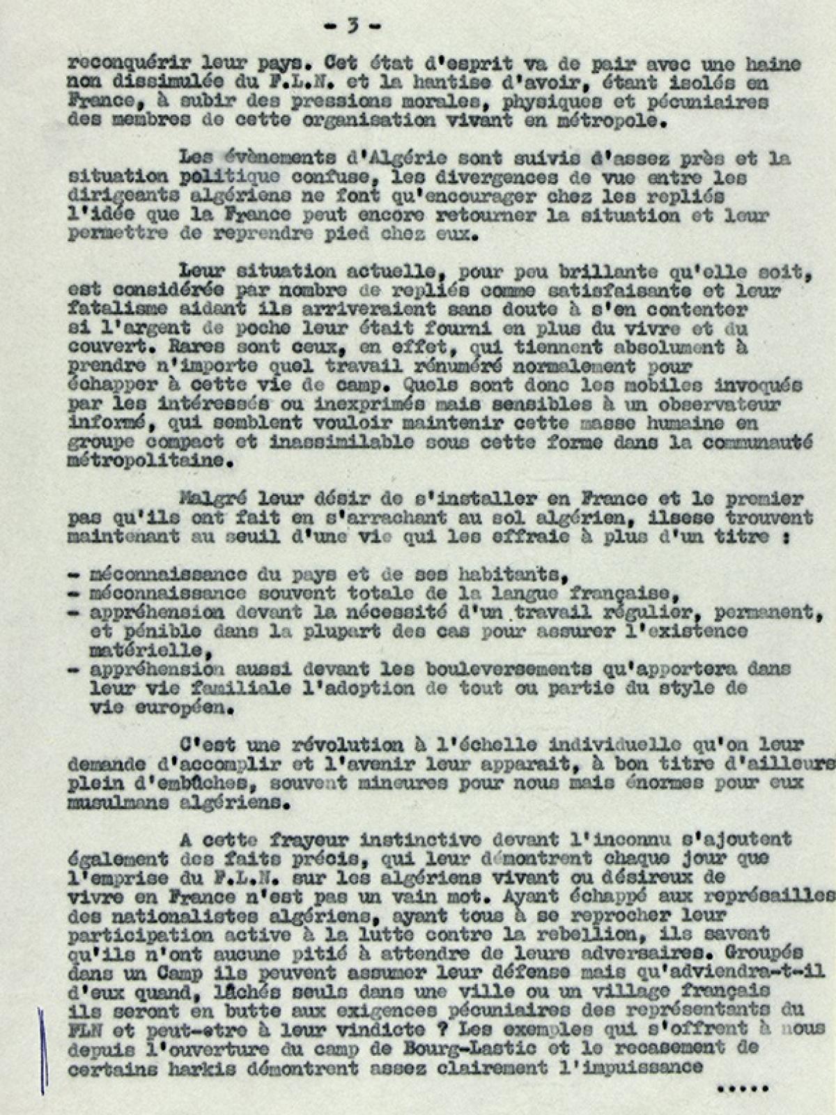 Illustration 12 : les repliés musulmans du camp de Bourg-Lastic au 1er août 1962, rapport du chef de bataillon Ropars, commandant le camp de Bourg-Lastic, 6 août 1962 (Archives du Puy-de-Dôme, 414W) Illustration 12 : les repliés musulmans du camp de Bourg-Lastic au 1er août 1962, rapport du chef de bataillon Ropars, commandant le camp de Bourg-Lastic, 6 août 1962 (Archives du Puy-de-Dôme, 414W)