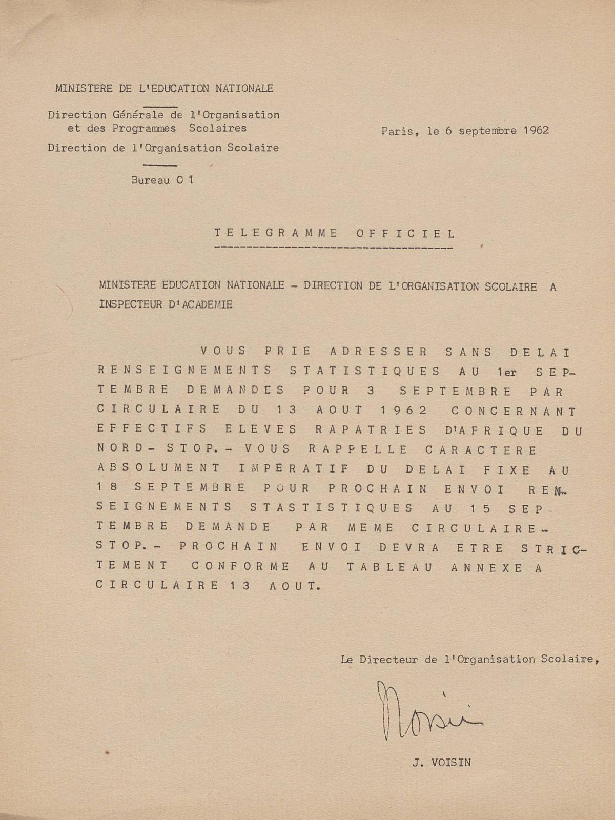 Illustration 1 : télégramme du ministère de l’Éducation nationale demandant à ses services les statistiques des effectifs des élèves rapatriés, 6 septembre 1962 (Archives nationales, 1977074/1)