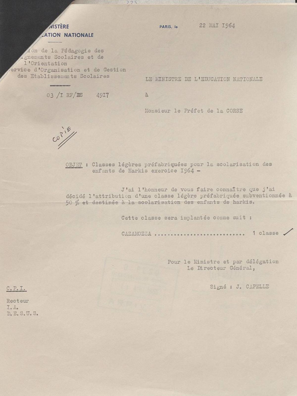 Illustration 10 : attribution d’une classe mobile par le ministère de l’Éducation nationale à la commune de Lucciana pour le hameau de forestage de Casamozza, 22 mai 1964 (Archives nationales, 1977074/3)