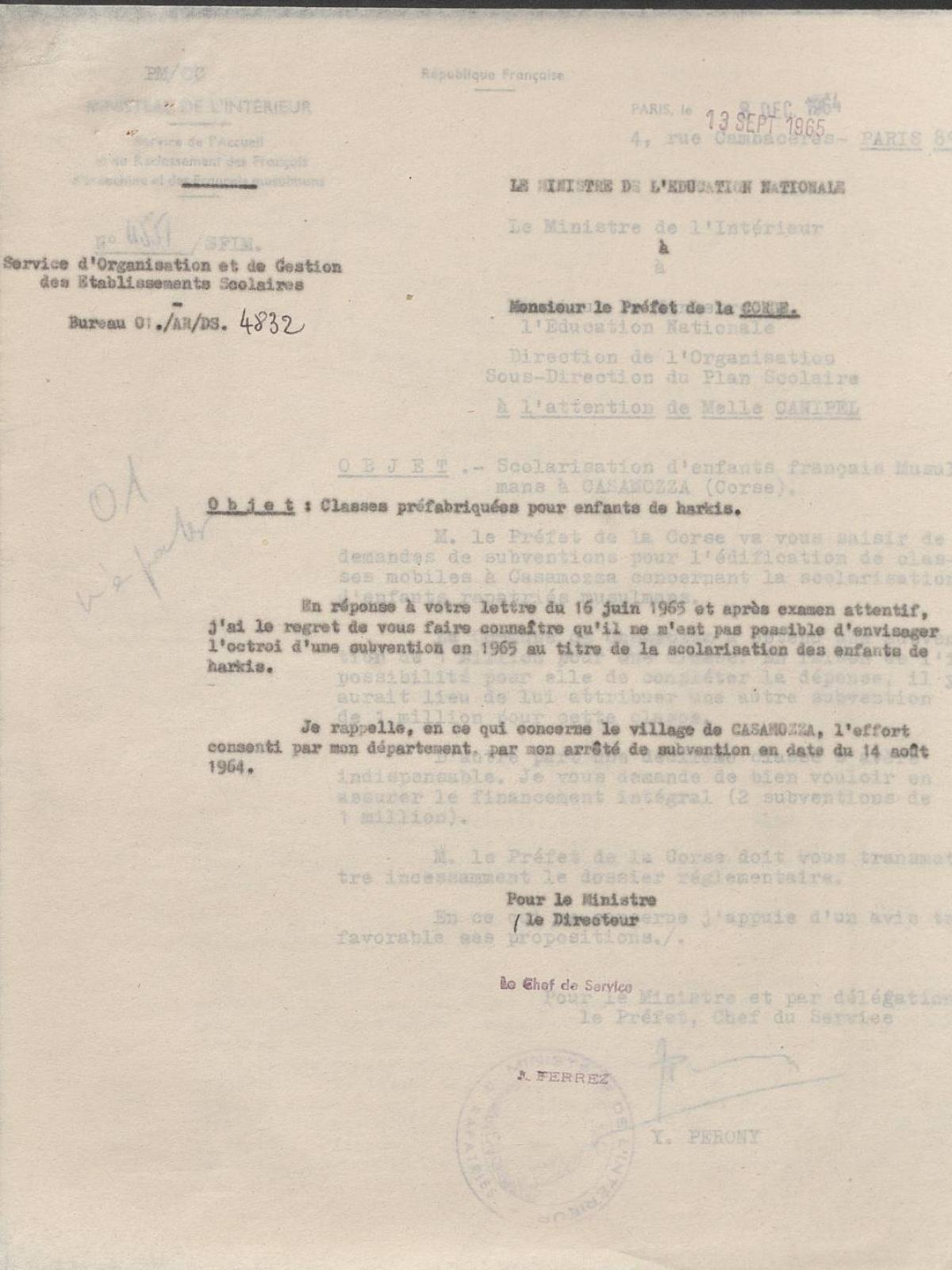 Illustration 14 : lettre du ministre de l’Éducation nationale au préfet de Corse lui indiquant le refus de l’octroi d’une subvention pour l’octroi d’une classe mobile supplémentaire pour Casamozza, 13 septembre 1965 (Archives nationales, 1977074/3) Illustration 14 : lettre du ministre de l’Éducation nationale au préfet de Corse lui indiquant le refus de l’octroi d’une subvention pour l’octroi d’une classe mobile supplémentaire pour Casamozza, 13 septembre 1965 (Archives nationales, 1977074/3)