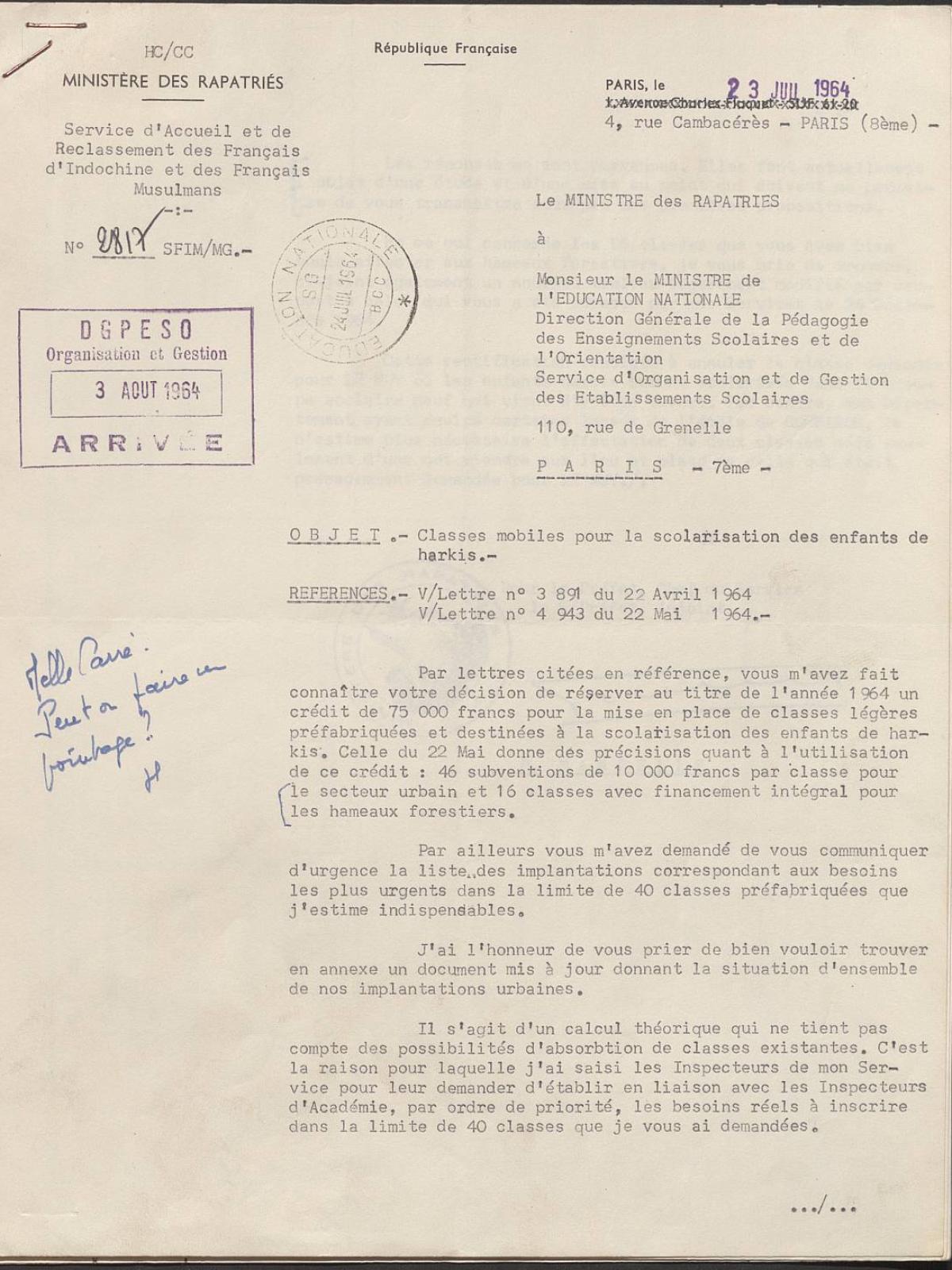 Illustration 17 : lettre du ministre des Rapatriés au ministre de l’Éducation nationale relative aux classes mobiles pour la scolarisation des enfants de Harkis, 23 juillet 1964 (Archives nationales, 1977074/3)