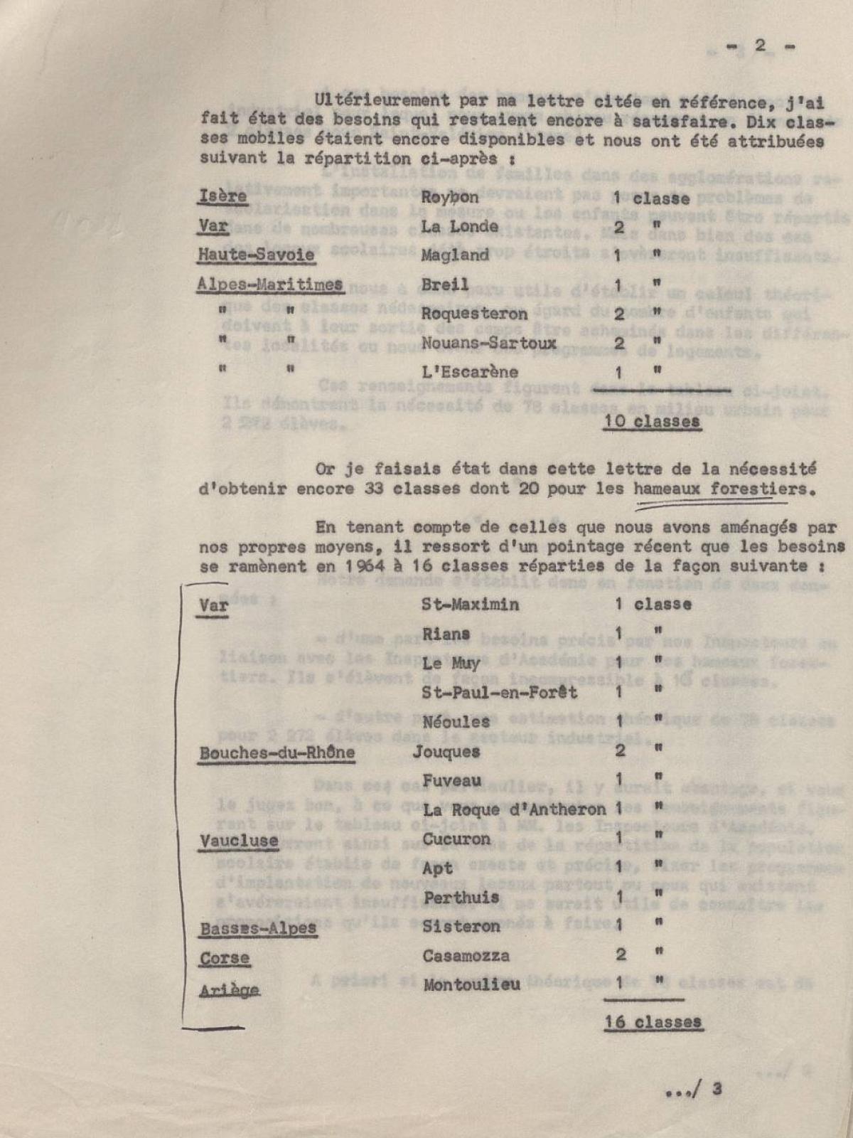 Illustration 19 : lettre du ministère des Rapatriés au ministre de l’Éducation nationale relative aux classes mobiles pour la scolarisation des enfants de Harkis, 24 décembre 1963 (Archives nationales, 1977074/3)