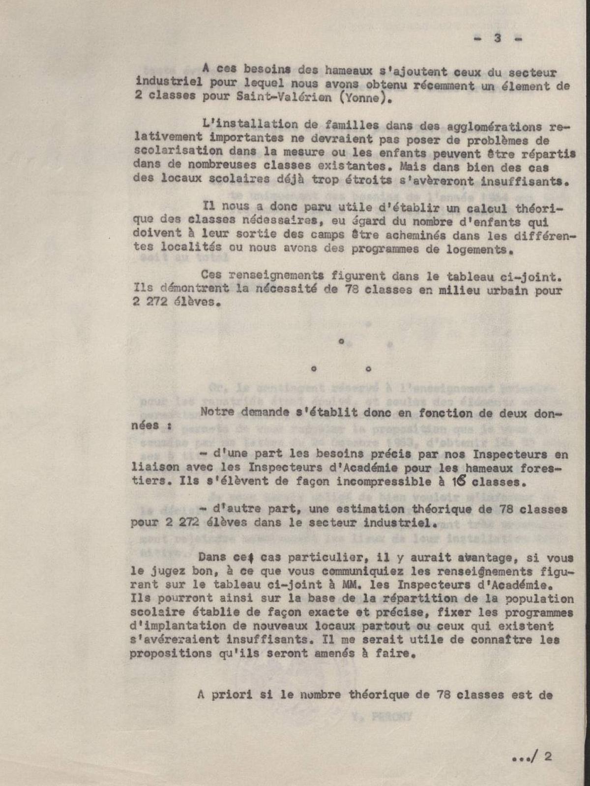 Illustration 5 : lettre du ministère des Rapatriés au ministre de l’Éducation nationale relative aux classes mobiles pour la scolarisation des enfants de Harkis, 24 décembre 1963 (Archives nationales, 1977074/3)