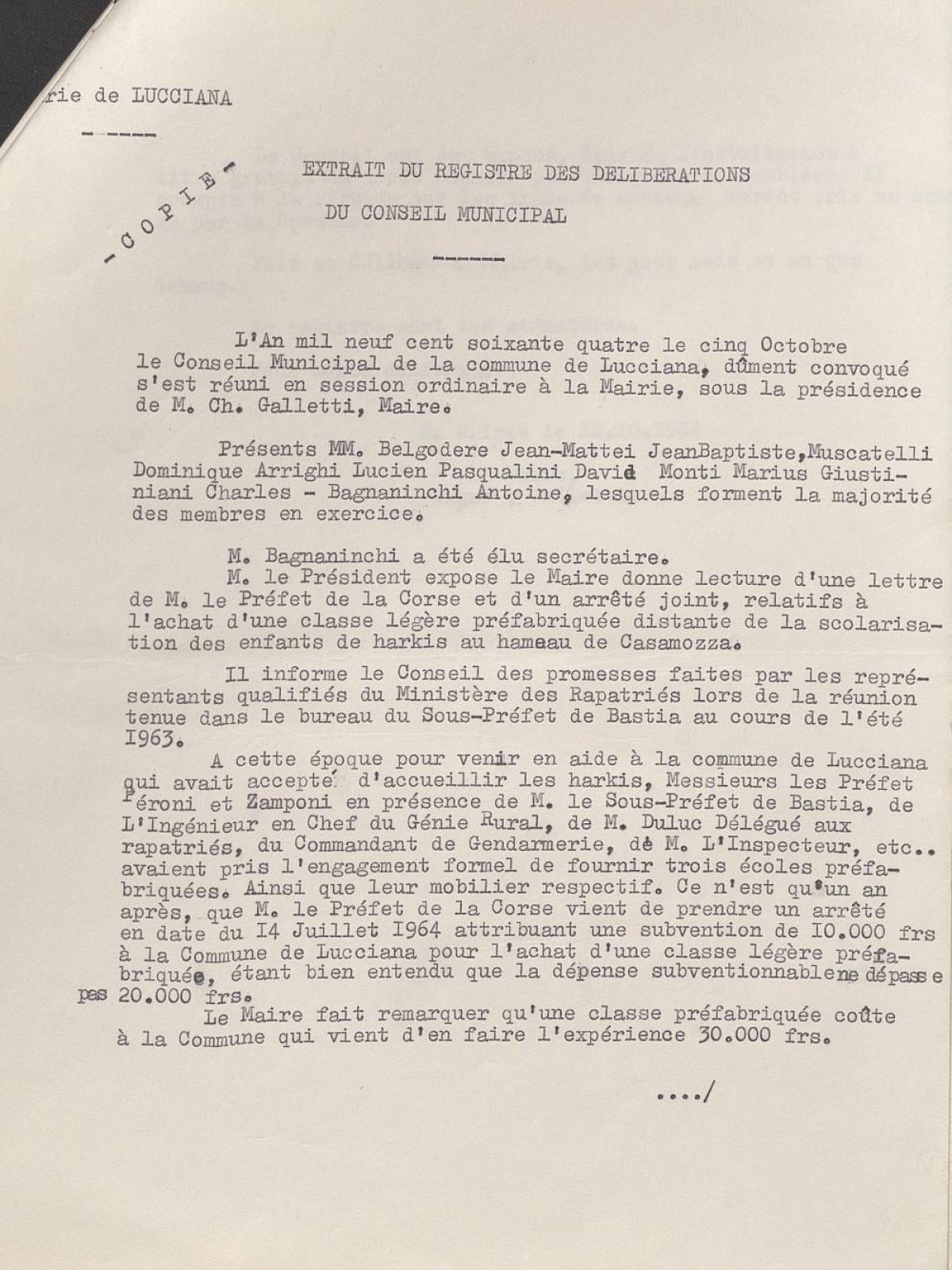 Illustration 8 : extrait des délibérations du conseil municipal de Lucciana, 5 octobre 1964 (Archives nationales, 1977074/3)